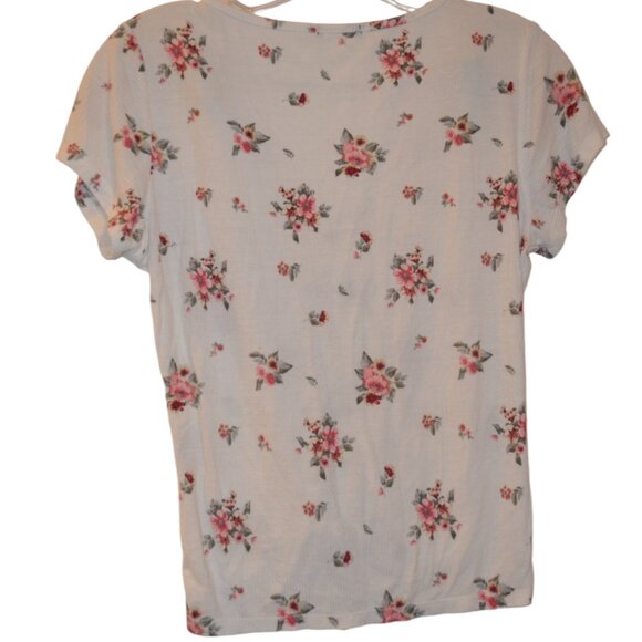 Soft Tender Corduroy Texture Fabric White Red-Green Floral V-Neck Tie-Down Top S - Picture 2 of 9